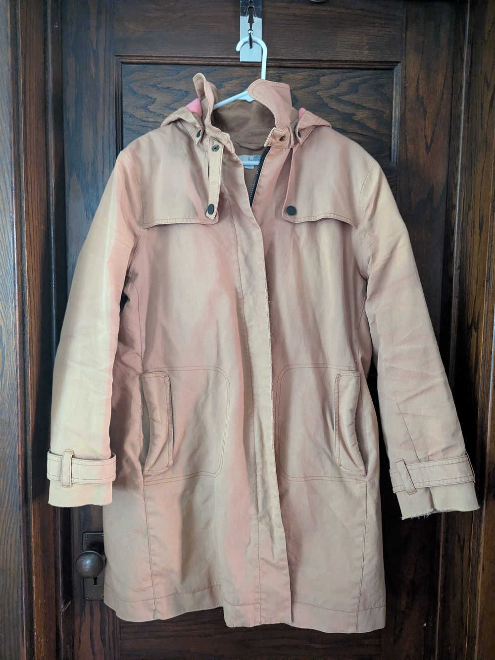 Boden Heavy Camel Trench Coat Removable Hood Pink Fleece Lined - US 16/18 UK20